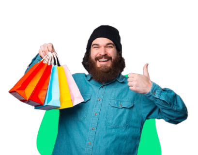 Homem com sacolas e fazendo positivo para um pós black friday de sucesso