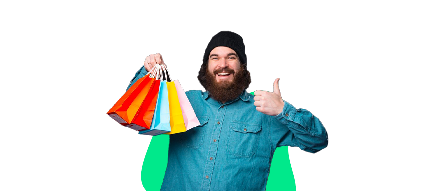 Homem com sacolas e fazendo positivo para um pós black friday de sucesso